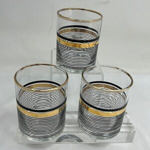 3 Panache Midcentury Culver Ltd. Black & 24-Karat Gold Striped Cocktail Glasses